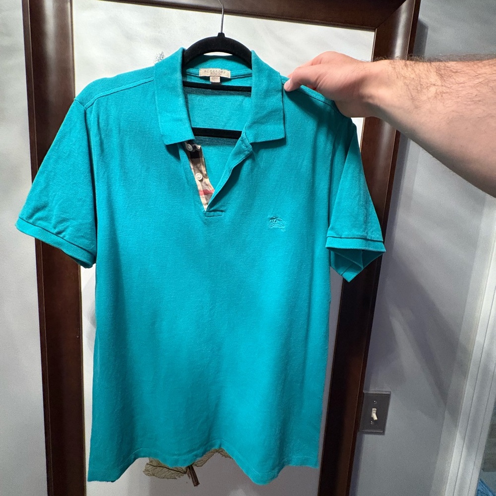 Burberry Turquoise Polo Shirt with Plaid Collar